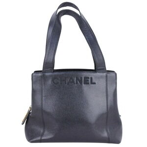 CHANEL tote bag handbag logo leather caviar skin black